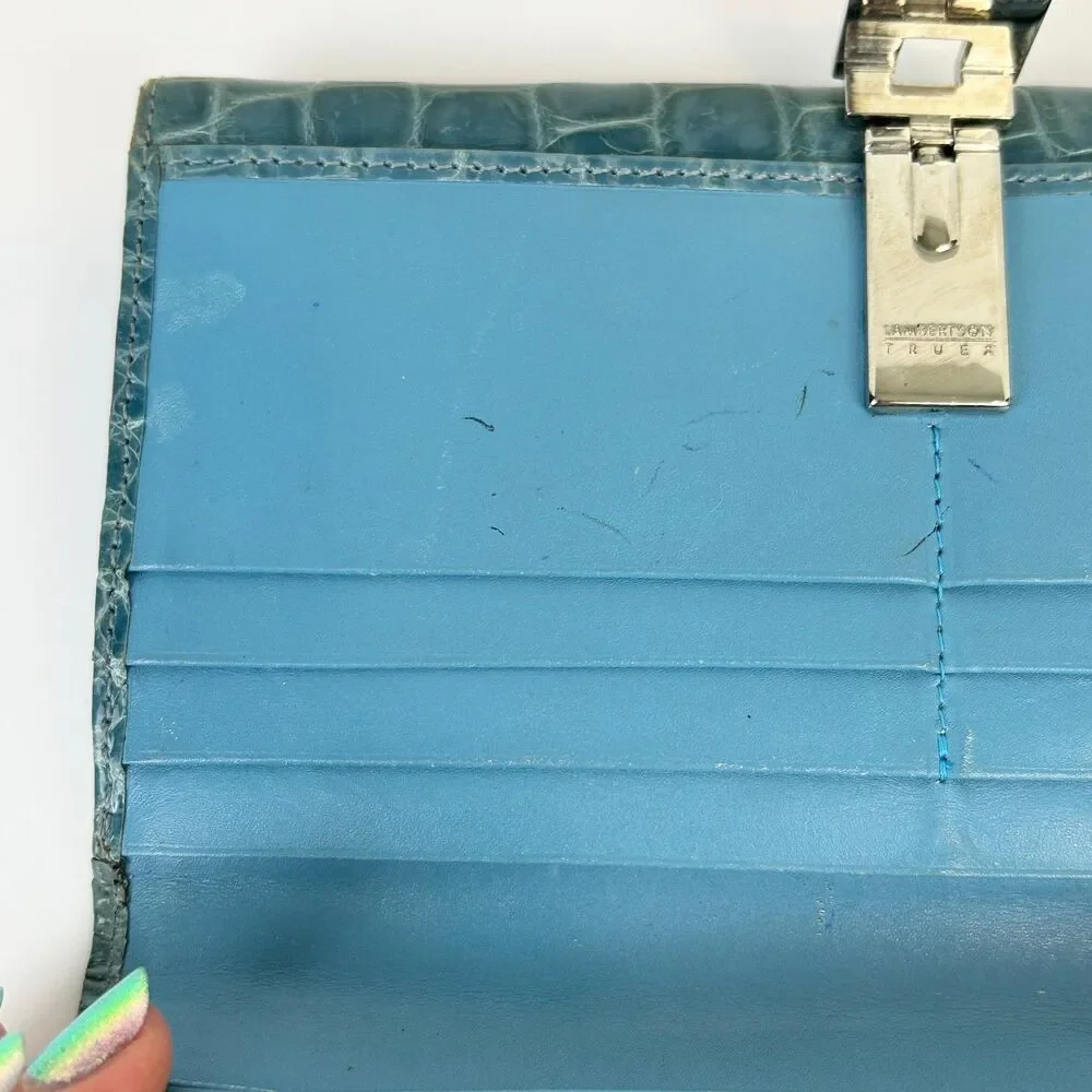 Lambertson Truex Crocodile Leather Exotic Turquoise Blue Foldover Wallet Design
